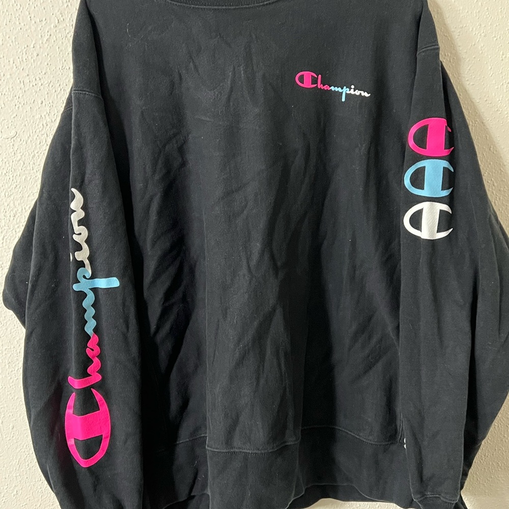 Champion Black Sweatshirt with Pink and Blue Accents